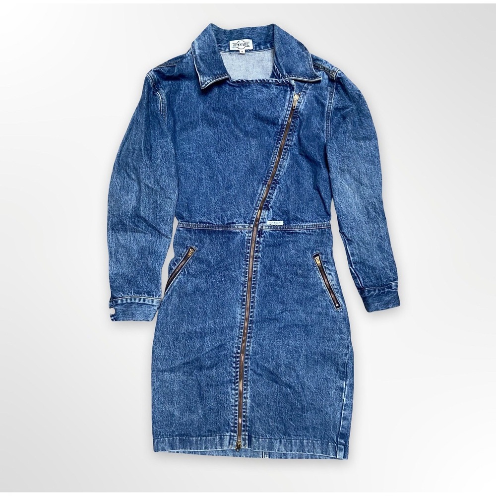 Vintage Steel Denim Dress Women's Medium Asymmetrical Zip Blue Jean Midi Biker